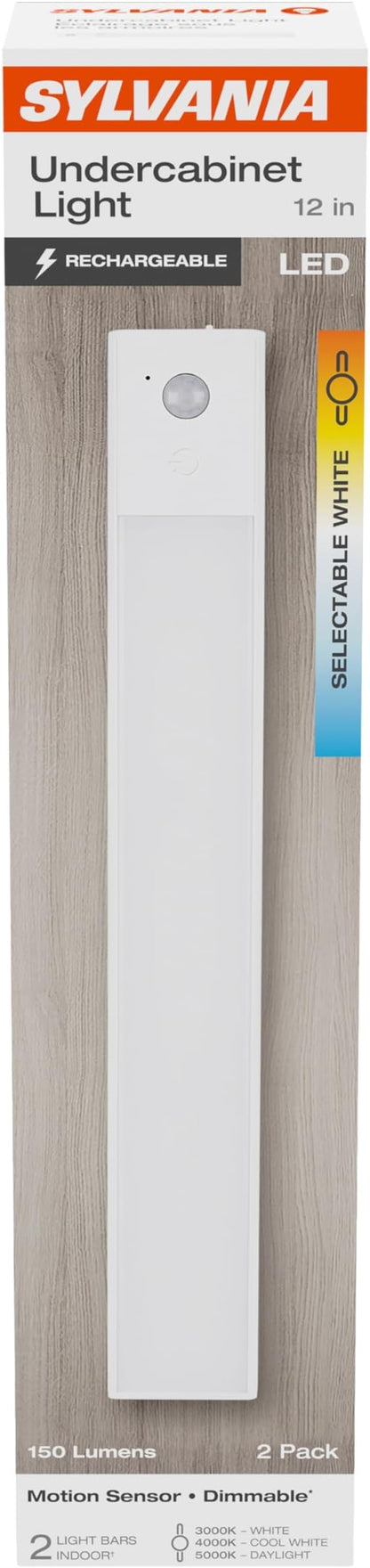 SYLVANIA 12" Under Cabinet Lighting with 2200mAh Rechargeable Battery, LED Motion Sensor, 3 Color Selectable (3000K-5000K), Closet Light/Undercounter Kitchen Light, Magnetic, Dimmable - 2 Pack (66513)