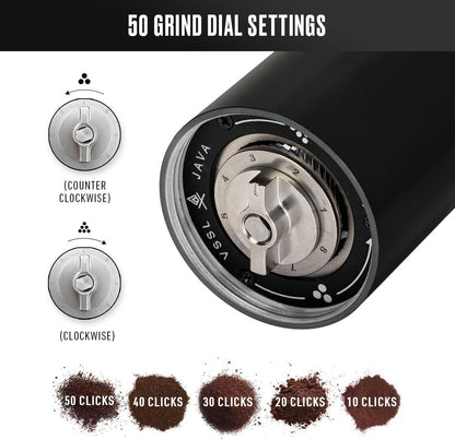 Java Manual Coffee Grinder, 20 Gram Capacity, Stainless Steel Burr, 50 Settings, Black