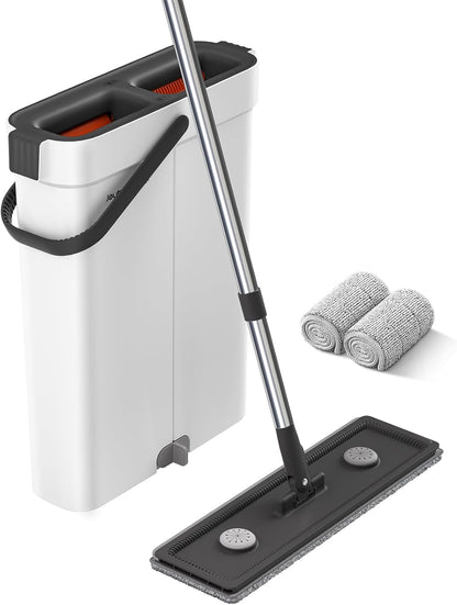 Mop and Bucket with Wringer Set,Hands Free Flat Floor Mop and Bucket,2 Washable Microfiber Pads Included,Wet and Dry Use, Home Floor Cleaning System for All Floor Types and Windows