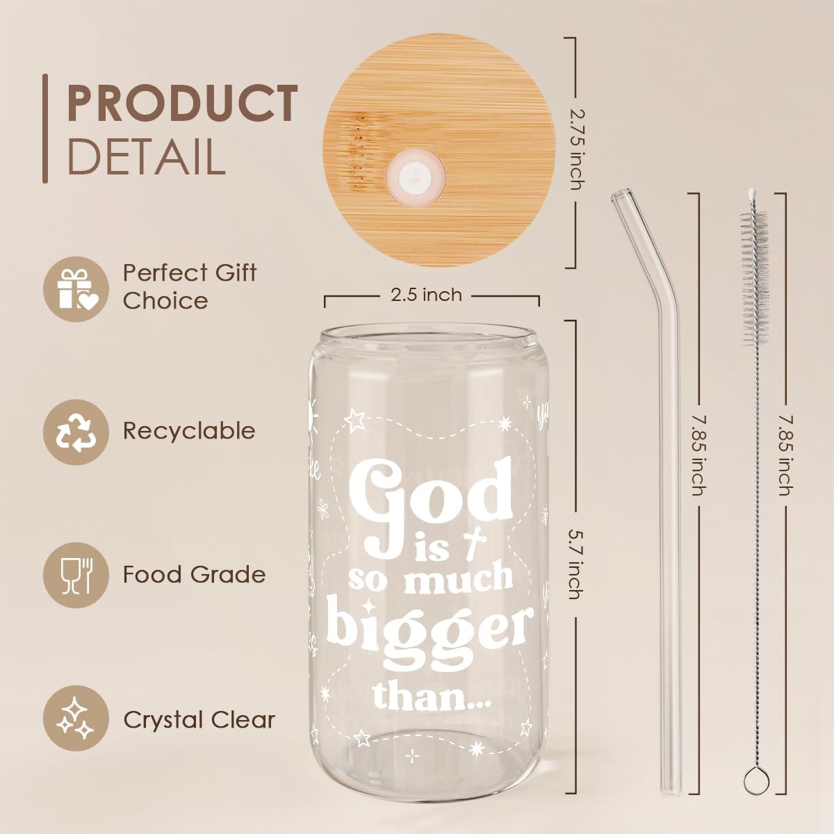 Christian Inspiration16oz Can Glass Tumbler with Bamboo Lid & Straw, Inspirarional Iced Coffee Cup for Women Girls