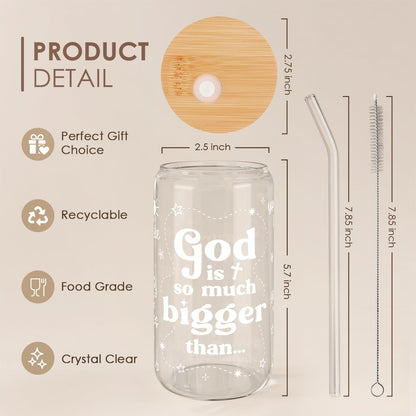 Christian Inspiration16oz Can Glass Tumbler with Bamboo Lid & Straw, Inspirarional Iced Coffee Cup for Women Girls