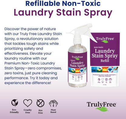 Truly Free Laundry Stain Remover Spray for Clothes - Removes Tough, Dried-In Stains on Whites & Colors -Natural Ingredients - Gentle Yet Powerful - Includes 3 oz Refill & Empty Refillable Bottle