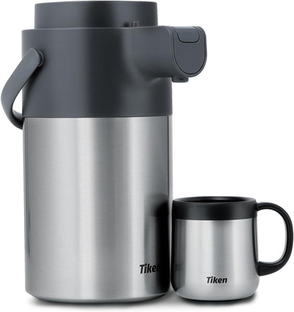 Tiken Airpot Coffee Dispenser with Pump - 102oz/3L Thermal Coffee Carafes for Hot Beverage - Stainless Steel Insulated Coffee Thermos Carafe, Silver