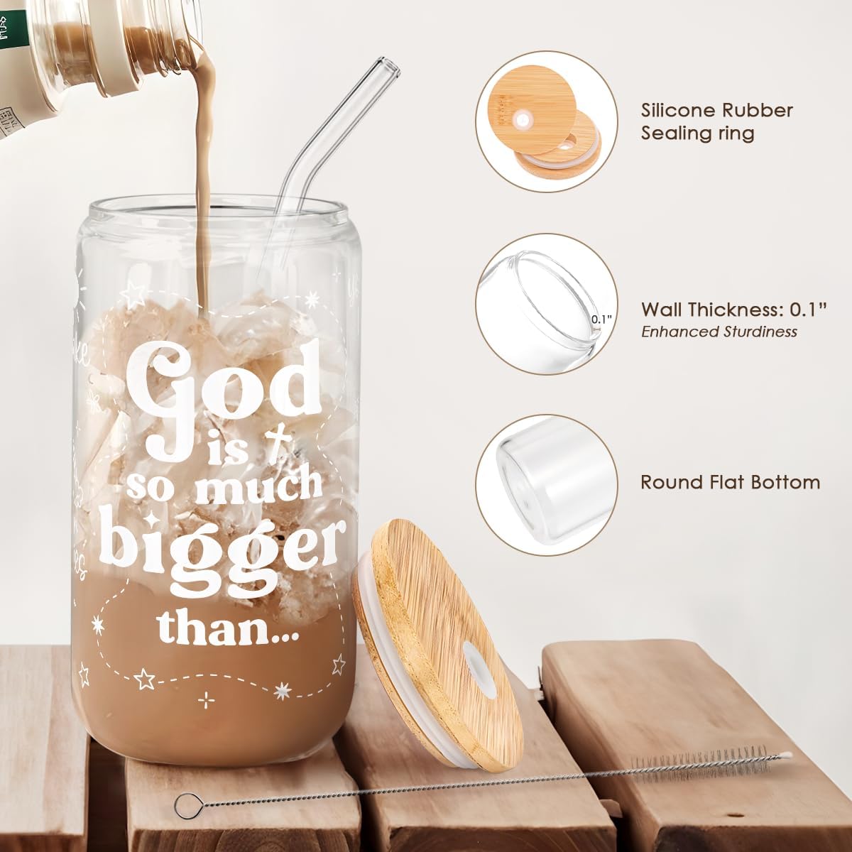 Christian Inspiration16oz Can Glass Tumbler with Bamboo Lid & Straw, Inspirarional Iced Coffee Cup for Women Girls