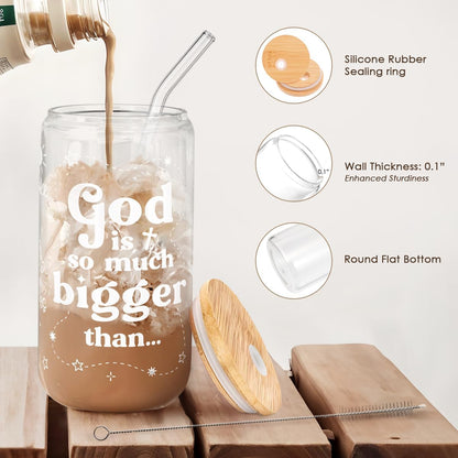 Christian Inspiration16oz Can Glass Tumbler with Bamboo Lid & Straw, Inspirarional Iced Coffee Cup for Women Girls