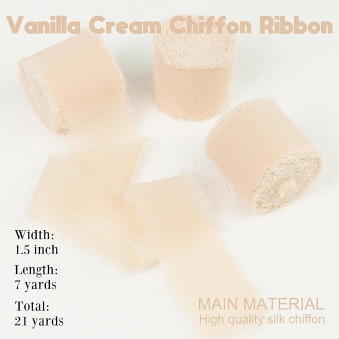 Vanilla Cream Chiffon Ribbon - 1-1/2 Inch x 21 Yards Handmade Fringe Silk Ribbon for Gift Wrapping, Wedding Invitation, Bridal Flower Bouquets