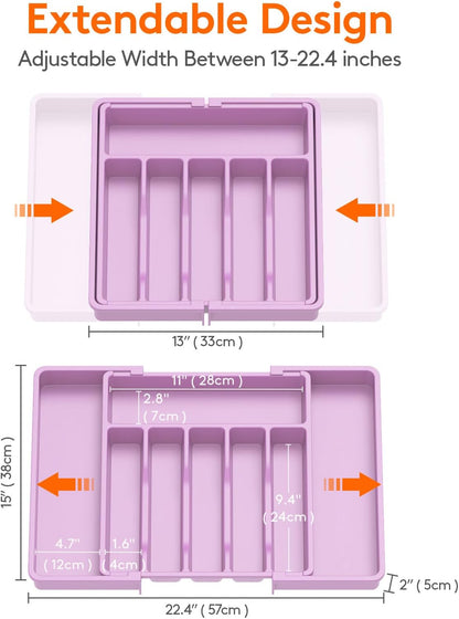 Lifewit Silverware Drawer Organizer, Expandable Utensil Tray for Kitchen, BPA Free Flatware and Cutlery Holder, Adjustable Plastic Storage for Spoons Forks Knives, Large, Purple