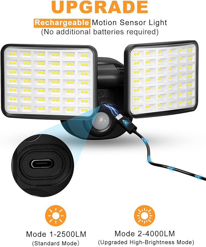 Rechargeable Motion Sensor Light, 2500LM&4000LM Dual Modes Rechargeable Outdoor Lights, USB Charging Outdoor Battery Powered Light, LED Flood Lights Motion Light for Garage, Yard, Garden (2 Packs)