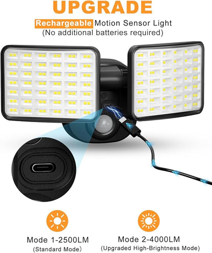 Rechargeable Motion Sensor Light, 2500LM&4000LM Dual Modes Rechargeable Outdoor Lights, USB Charging Outdoor Battery Powered Light, LED Flood Lights Motion Light for Garage, Yard, Garden (2 Packs)