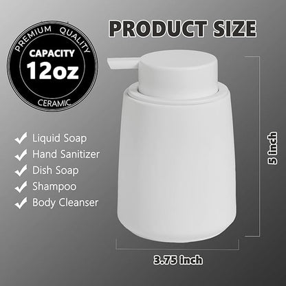 White Foam Hand Soap Dispenser - 12Oz Ceramic Foaming Soap Dispenser with Easy-to-Press Black Pump, Reusable and Refillable Liquid Lotion Dish Soap Dispensers for Bathroom, Kitchen (Rubber Paint)