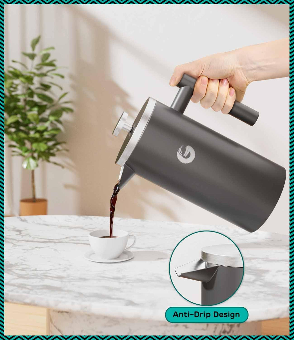Coffee Gator French Press Coffee Maker - 34oz Double Insulated Stainless Steel Brewer plus Travel Jar Canister