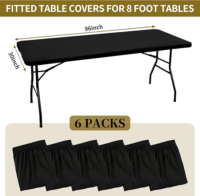 6 Pack Stretch Fabric Table Top Cap Cover, fits 8' Tables, Spandex Table Covers Washable Elastic Universal Rectangle Tablecloth Protector for Indoor Outdoor Party Picnic Wedding, Black, 30" W x 96" L