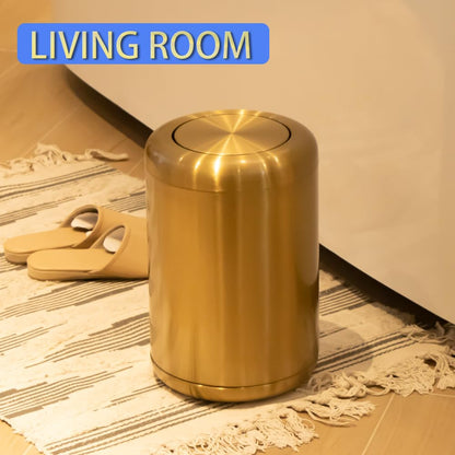 Waste Can 3 Gallon with Swing Lid，Brushed Stainless Steel Gold Trash Can，Metal Cylindrical Garbage Can，Brass Wastebasket Bin for Bathroom,LivingRoom,Office,Kitchen,Bedroom,Hotel (Gold)