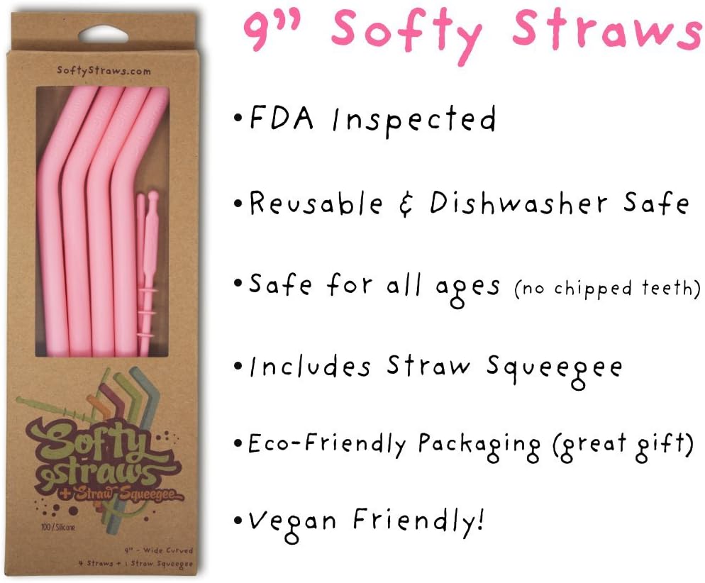 Reusable Silicone Drinking Straws - Big Size with Curved Bend for Tumblers Made from BPA Free No-Rubber Silicon - Flexible, Collapsible, Chewy, Bendy