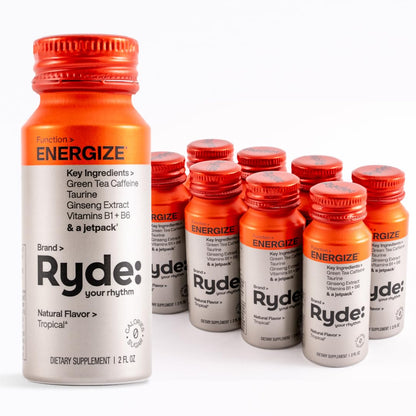 Ryde: Energize Shot | Tropical Flavor | Green Tea Caffeine, Taurine, Ginseng Extract & B Vitamins | 0 Calories, 0 Sugar | 2 FL OZ Shots | Boosts energy* (8 Pack)