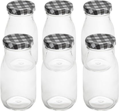 Restaurantware-French Countryside 6 Ounce Glass Bottles, 10 Durable Juice Bottles - With Black Plaid Lid, Dishwashable