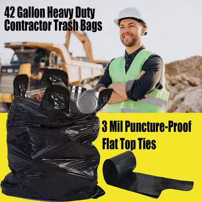 Contractor Heavy Duty Trash Bags 42 Gallon | 10 Count | 3 MIL | 32.8" X 46" | Large Black Flap Tie Construction Garbage Bags for Business Home Commercial, Industrial, Storage, Outdoor
