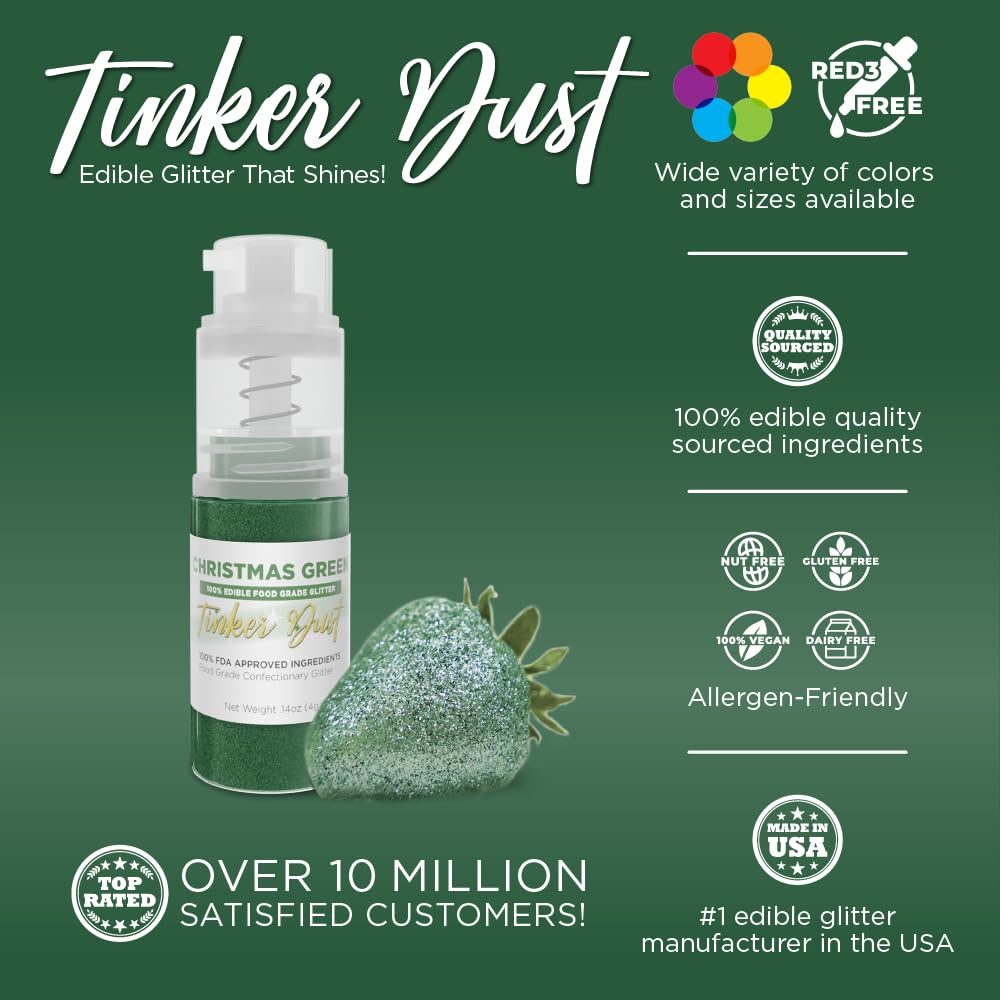Bakell - Christmas Green Tinker Dust (4g, 1x Mini Spray Pump) Edible Glitter for Food, Desserts, and Beverages!