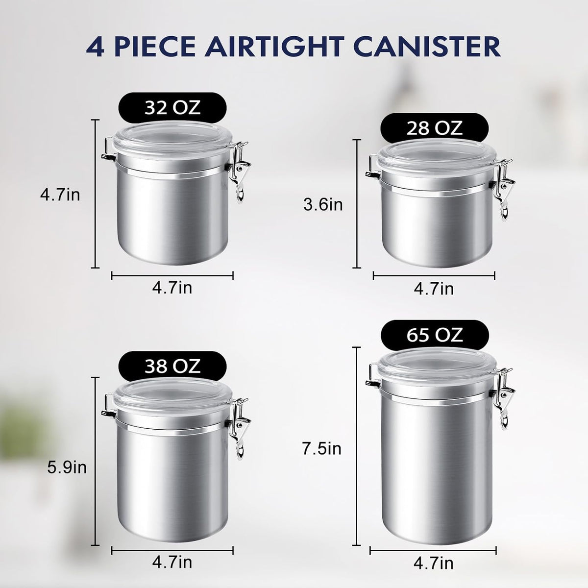 Enloy 4-Piece Stainless Steel Airtight Food Storage Canister Set with Clear Lid, Containers Sets for Kitchen Counter for Sugar, Flour, Tea, Candy