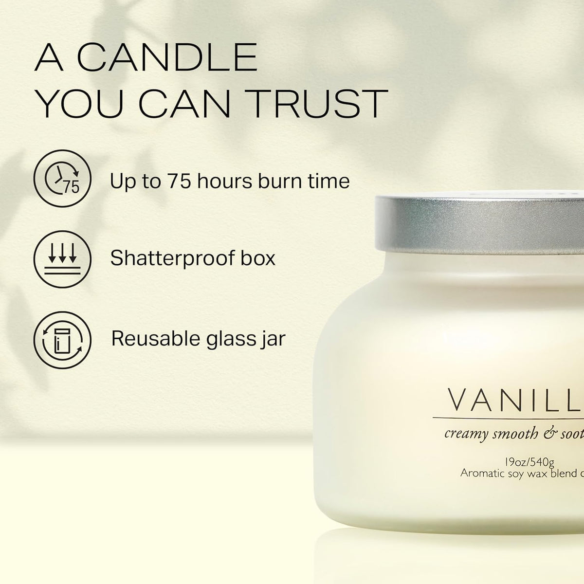Volcano Vanilla Candle 19oz:- with a Crackling Wooden Wick in Large 4" x 5" Large Elegant White Glass Jar in a Presentation Gift Box and Protective Shipping Box