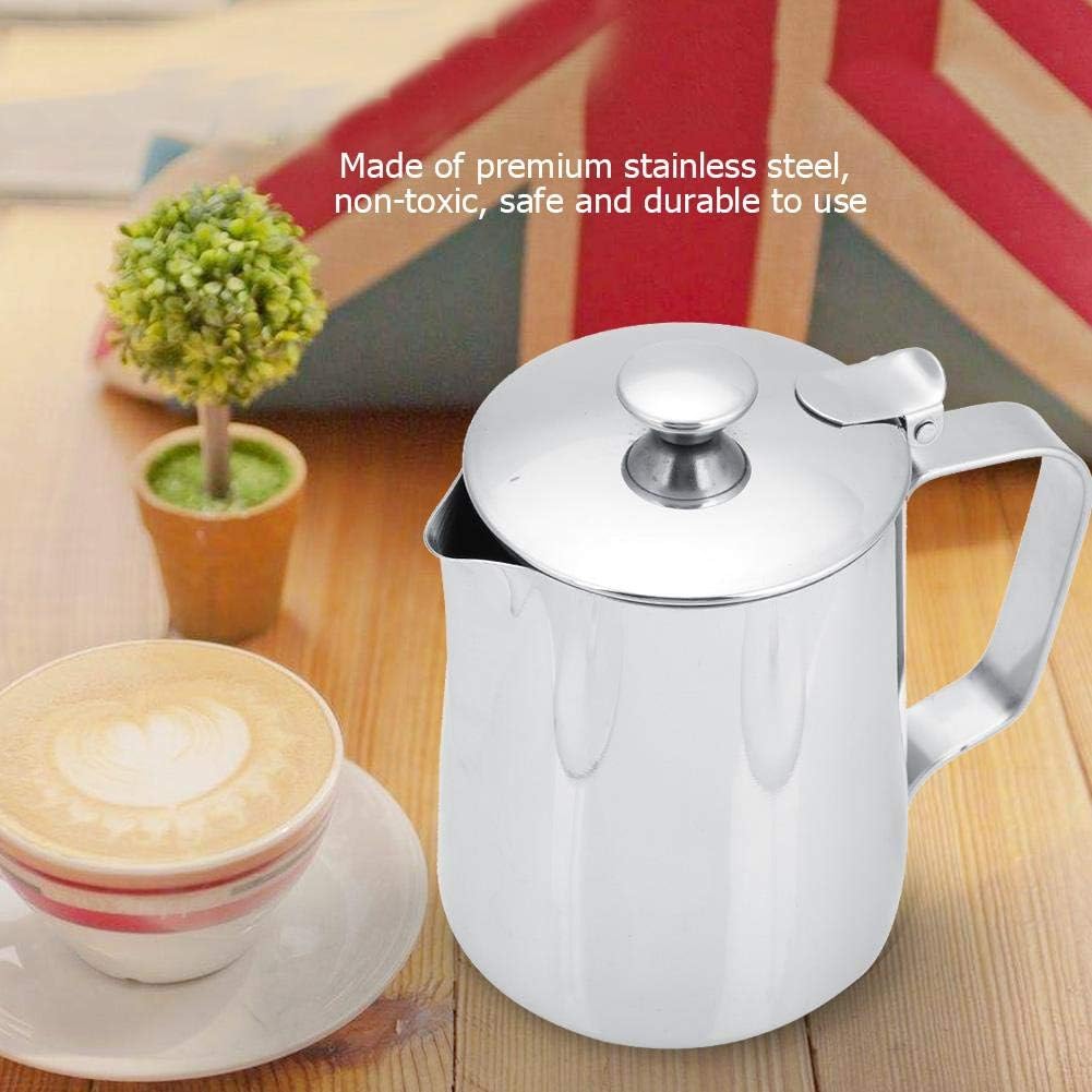 Stainless Steel Coffee Cup Mug Milk Frothing Pitcher Jug with Lid for Latte Coffee Art for Office Kitchen with handle(350mL)