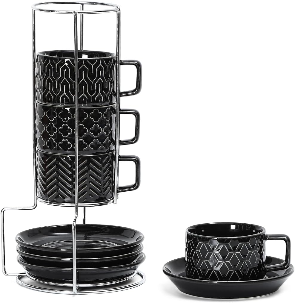 Sureasy Ceramic Espresso Cups Set of 4 – 4 oz Black Stackable Cappuccino Cups with Saucers and Metal Stand, Embossed Mugs for Latte, Mocha, Tea