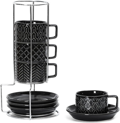 Sureasy Ceramic Espresso Cups Set of 4 – 4 oz Black Stackable Cappuccino Cups with Saucers and Metal Stand, Embossed Mugs for Latte, Mocha, Tea