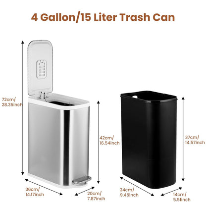 BETHEBEST 4 Gallon/15 Liter Trash Can with Soft Close Lid,Stainless Steel Garbage Can with Removable Inner Bucket,Step Pedal Trash Can for Bathroom,Bedroom,Kitchen