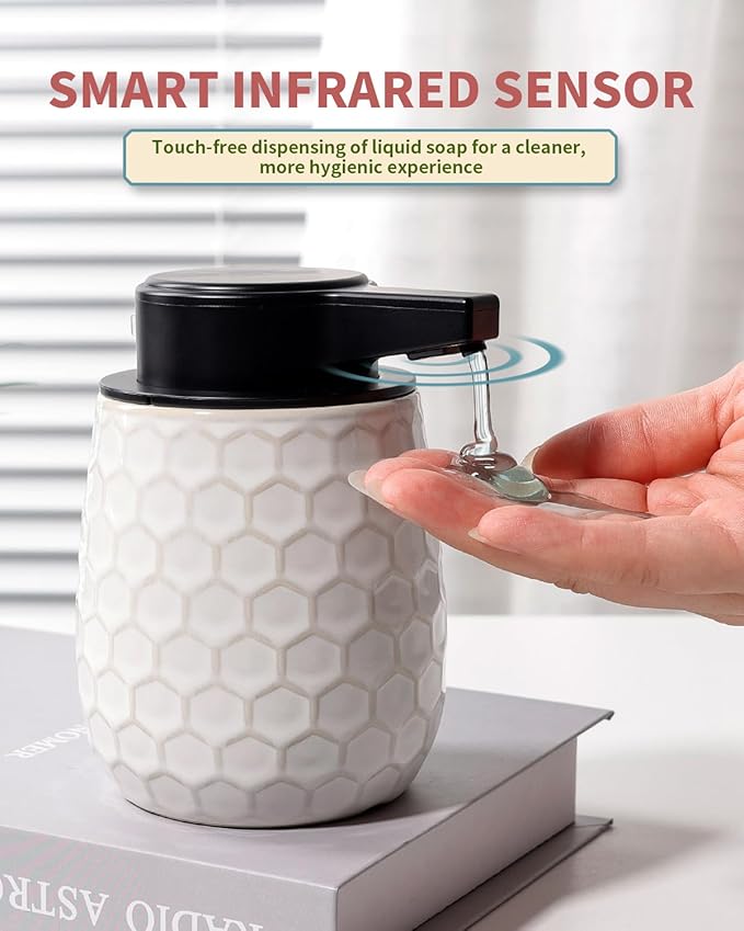 Automatic Soap Dispenser, Touchless Liquid Dish Soap Dispenser 13OZ/384ml, Ceramic White Dispenser Bathroom Kitchen, Waterproof, USB C Rechargeable, ANTIS'S HOME