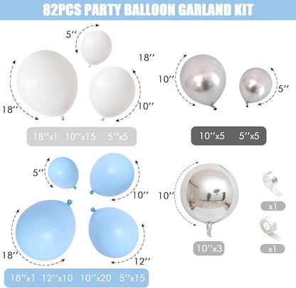 Jobkoo Blue White Balloon Arch Kit Baby Blue White Silver Balloon Garland 4D Silver Foil Balloons Pastel Light Blue Silver Latex Balloons Christening Boy Birthday Baby Shower Party Decorations QQ-113