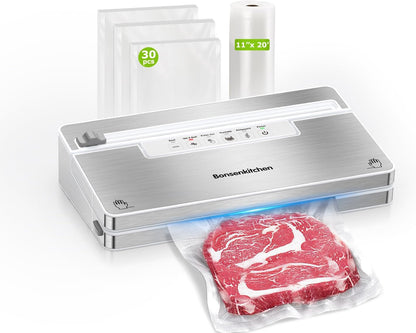 Bonsenkitchen Vacuum Sealer Machine, Stainless Steel Food Sealer Vacuum Sealers with 30 Bags & 1 Roll, 5 Food Vacuum Modes, Built-in Cutter & Bag Storage (White Silver)