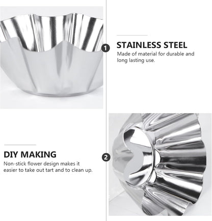 Mikinona 6pcs Stainless Steel Flower Tart Pans Non-stick Tart Muffin Cups for Baking Desserts for Cupcakes Egg Tarts and Diy Parties