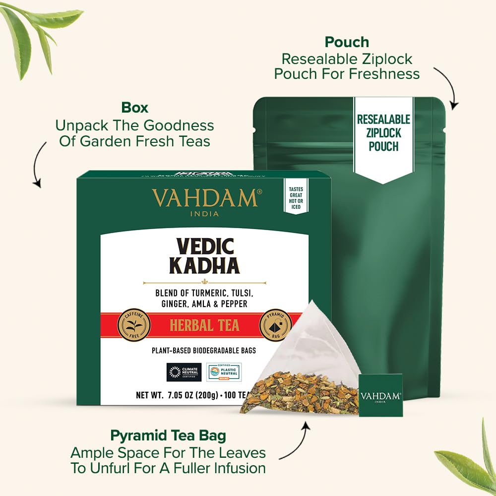 Vahdam, Vedic Kadha Herbal Tea Bags (100 Ct) Caffeine Free, 100% Real Ingredients - Turmeric, Black Pepper, Amla, Tulsi, Ginger, Cloves