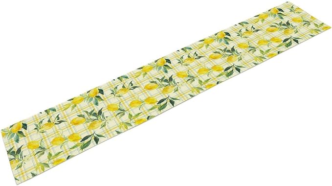 Yellow Plaid Lemon Table Runner Nature Watercolor Plant Countryside Farm Fruit Aesthetic Dining Table Decoration for Home Holiday Party Dresser Kitchen Cabin Restaurant Wedding Decor 13×120in