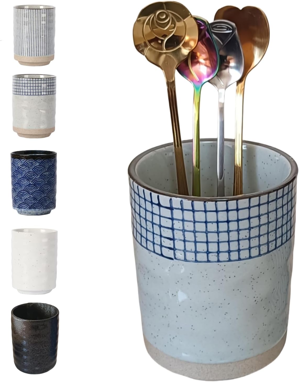 Stoneware Coffee Bar Utensil Holder Tea & Coffee Spoon & Stirrer Holder for Stir Stick Straw Teaspoon Holder Spoon Cup Small Utensil Jar (Blue