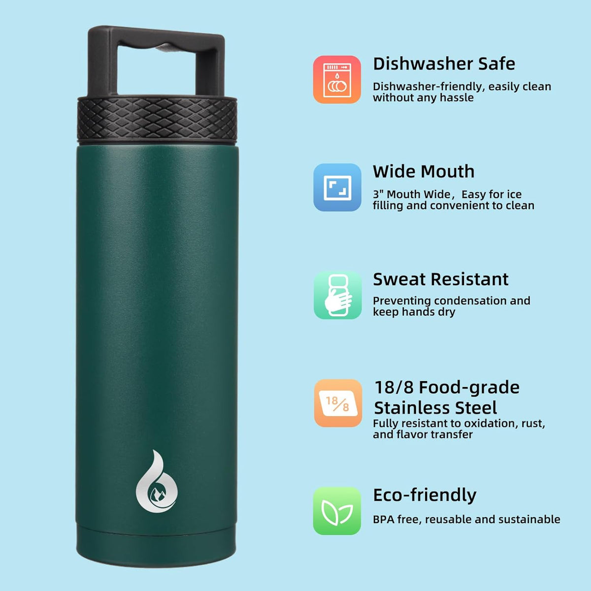 Bjpkpk Insulated Water Bottles, Dishwasher Safe 18 oz Water Bottle with Handle, Leakproof BPA Free Water Jug, Stainless Steel Thermos for Sports