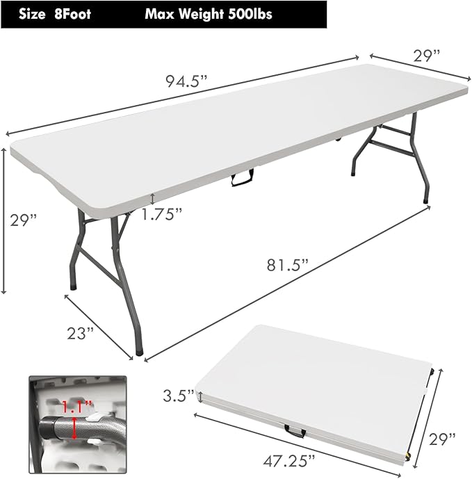 8Ft Folding Table,Sturdy Outdoor Folding Table, Perfect for Camping Picnics Parties Durable Foldable Table with Easy Setup Ideal Portable Folding Tables for Indoor & Outdoor Use