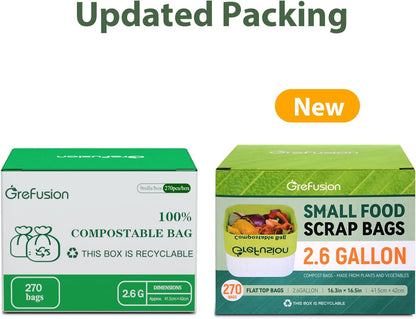 GreFusion Compostable Trash Bags, Small 2.6 Gallon, 270 Count, 0.72 Mils Thick, Eco Friendly, ASTM D6400 & BPI Certified, Composts Food Scraps, No Leaks