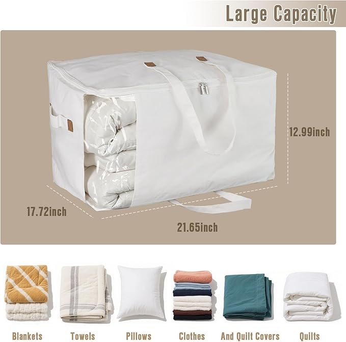 Heavy Duty Cotton Canvas Storage Bags For Comforter Blankets Clothes Extra Large Foldable Organizer with Clear Window & Reinforced Handles, Dustproof Design (White, 80L-4Pack)