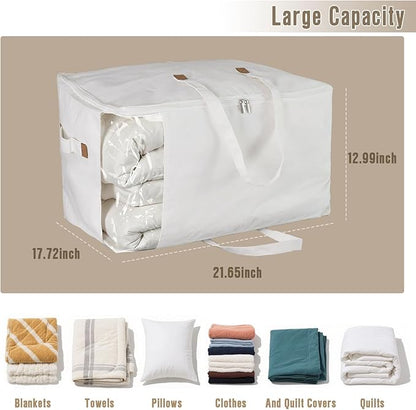 Heavy Duty Cotton Canvas Storage Bags For Comforter Blankets Clothes Extra Large Foldable Organizer with Clear Window & Reinforced Handles, Dustproof Design (White, 80L-4Pack)