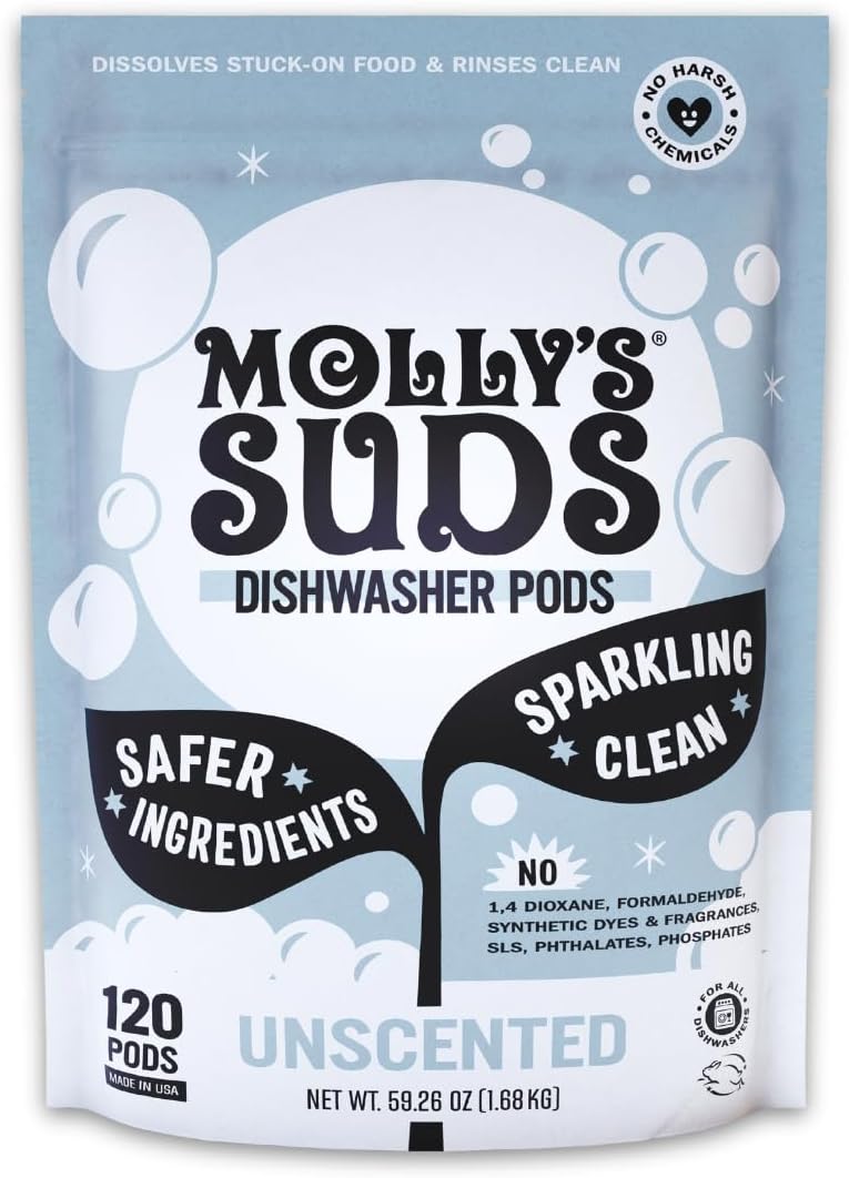 Molly's Suds Dishwasher Pods | Clean Dishwasher Detergent, Cuts Grease & Rinses Clean (Residue-Free) for Sparkling Dishes | 120 Auto-Release Tabs (Unscented)