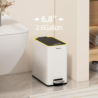Stainless Steel Bathroom Trash can with lid,2.6 Gallon Trash can with Foot Pedal，Soft Close Small Bathroom Trash Can with Lid for Office, Bedroom, Toilet, Live Room(White)