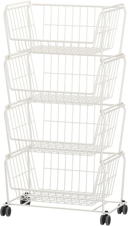 PUSDON 4-Tier Spacious Stackable Wire Storage Baskets with Wheels, Metal Rolling Utility Cart, Produce Basket for Pantry, Bathroom Organizer Shelf, Classic White