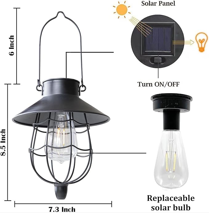 YAKii 2 Pack Solar Lantern Hanging Waterproof Outdoor Metal Solar Lamp with Warm White Light Decorate for Yard Garden Pathway Patio Porch Decor (Black)