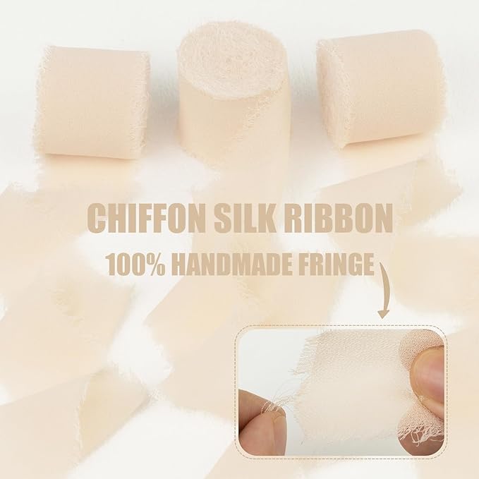 Vanilla Cream Chiffon Ribbon - 1-1/2 Inch x 21 Yards Handmade Fringe Silk Ribbon for Gift Wrapping, Wedding Invitation, Bridal Flower Bouquets
