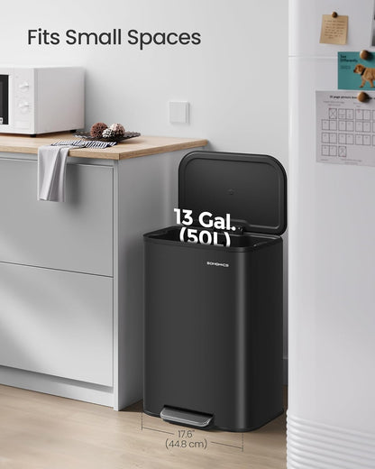 SONGMICS Kitchen Trash Can, 13-Gallon (50 L) Garbage Can with Lid, Stainless Steel, Soft Close and Stays Open, Inner Bucket, Wide Non-Slip Pedal, Ink Black ULTB547B01