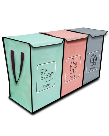 NYIKA - Recycling Organizer - Reusable Recycling Bags - Recycling Sorter - Trash Sorting Bins - 3 Compartment Recycle - Pack of 3 Bags with Lid (Mediterranean)