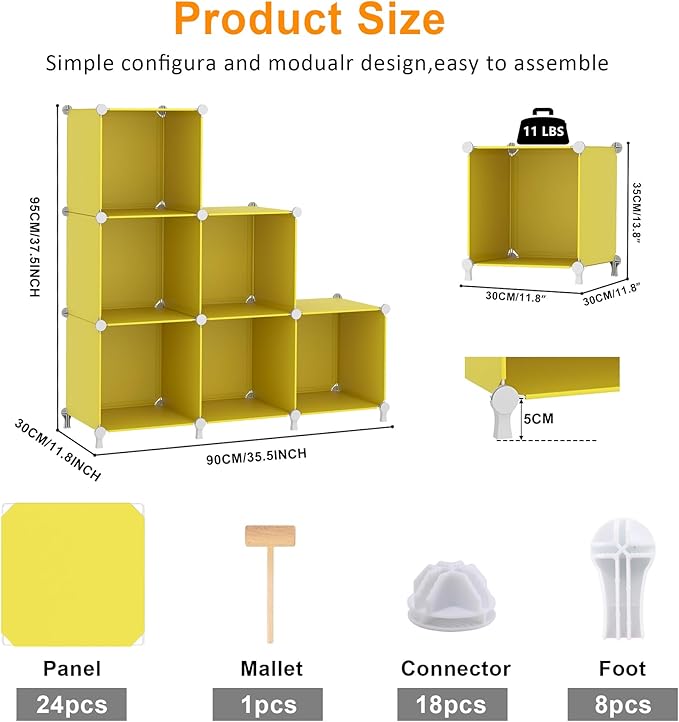 AWTATOS Cube Storage Organizer, 6 Cube Closet Organizers and Storage, DIY Stackable Bookshelf Plastic Clothes Organizer Shelving for Bedroom, Home, Yellow