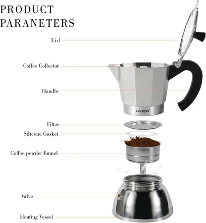Stovetop Espresso Maker, 6Cup Moka Pot, Espresso Machine Compatible with Induction Cooktops, 300ml Stainless Steel & Aluminum Cuban Coffee Maker for Cafetera Cubana, Silver