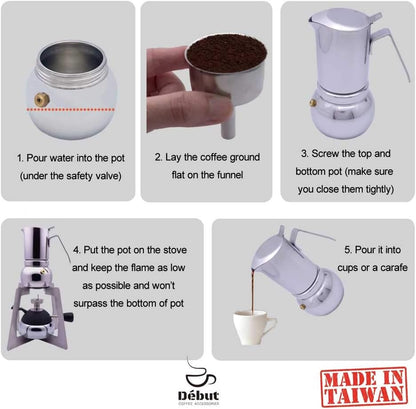 DÉBUT Stainless Steel Italian Espresso Coffee Maker Stovetop Moka Pot Greca Coffee Maker Latte Cappuccino Percolator, 6 Espresso Cup - 10 Oz